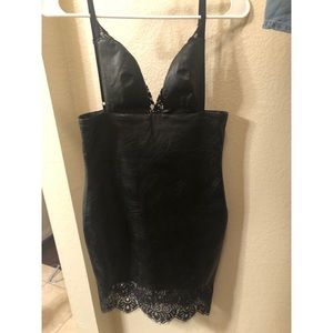 Black leather dress, with lace trimming